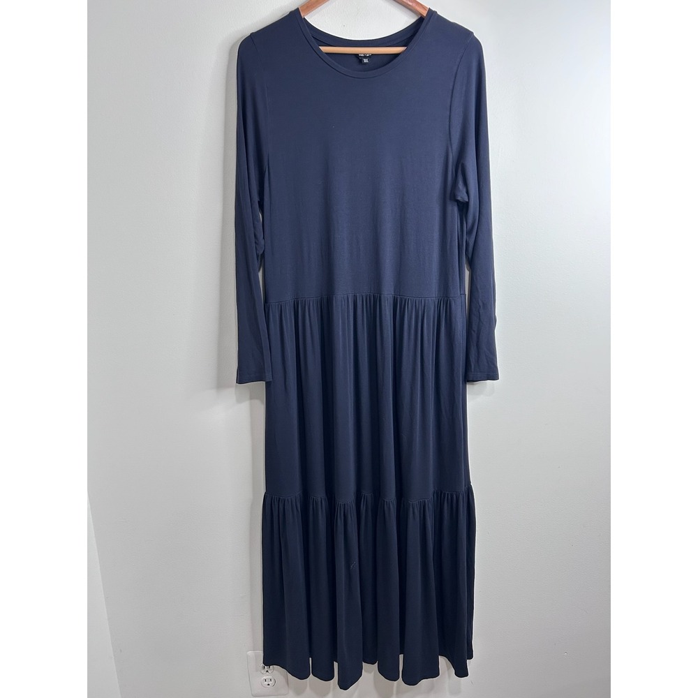 Saint + Sofia Navy Blue Tiered Maxi Dress Long Sleeve Pockets‎ Sz 14 XXL Stretch